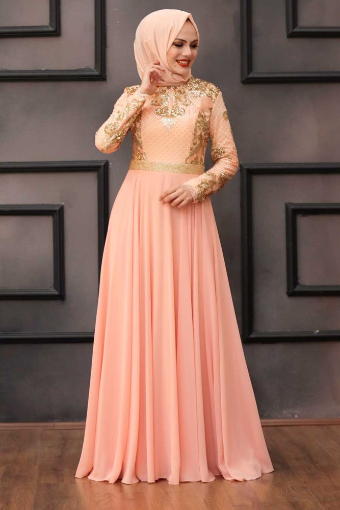 Salmon Pink Hijab Evening Dress 75790SMN - 3