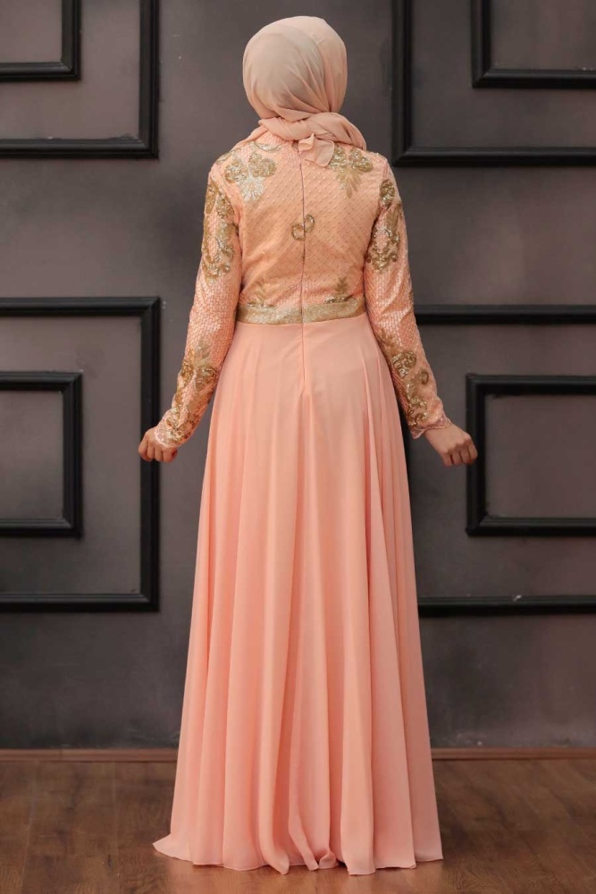 Salmon Pink Hijab Evening Dress 75790SMN - 4