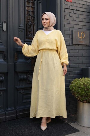 Sarı Tesettür Müslin Elbise 19033SR - 1