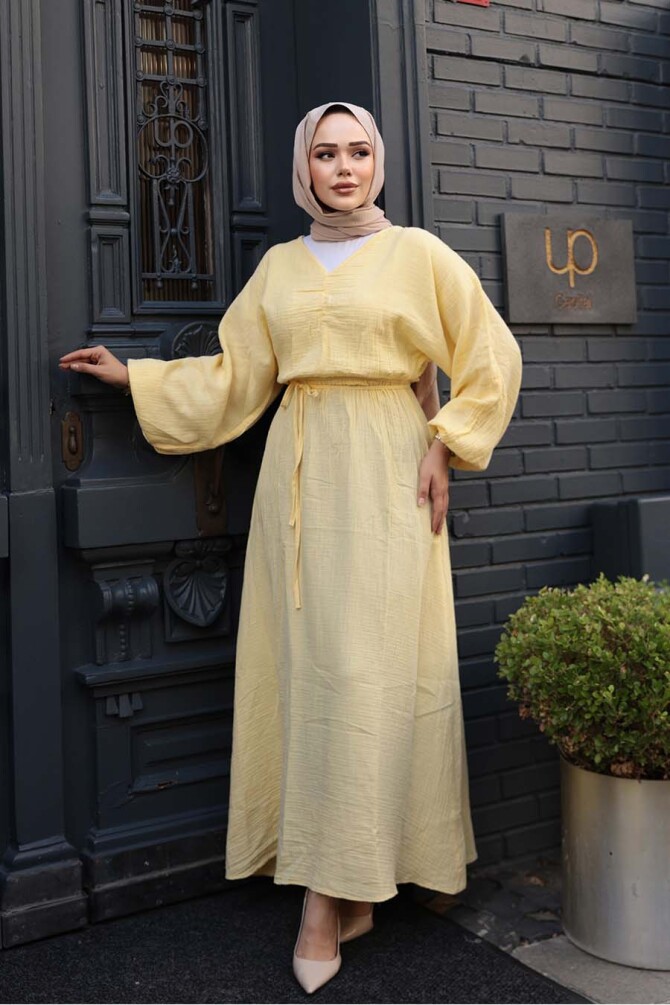 Sarı Tesettür Müslin Elbise 19033SR - 2