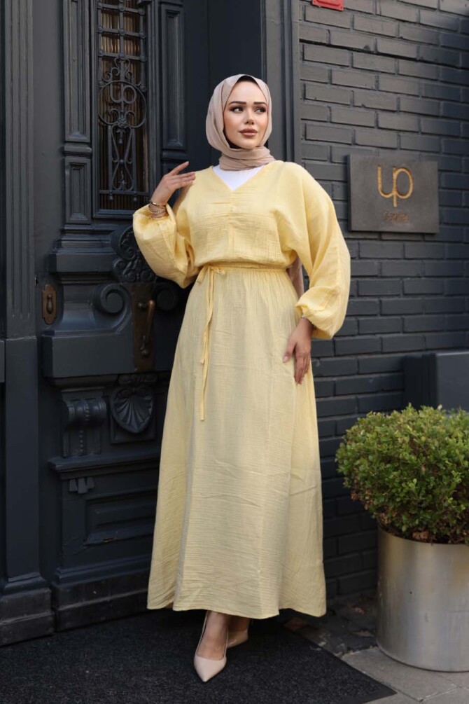 Sarı Tesettür Müslin Elbise 19033SR - 3
