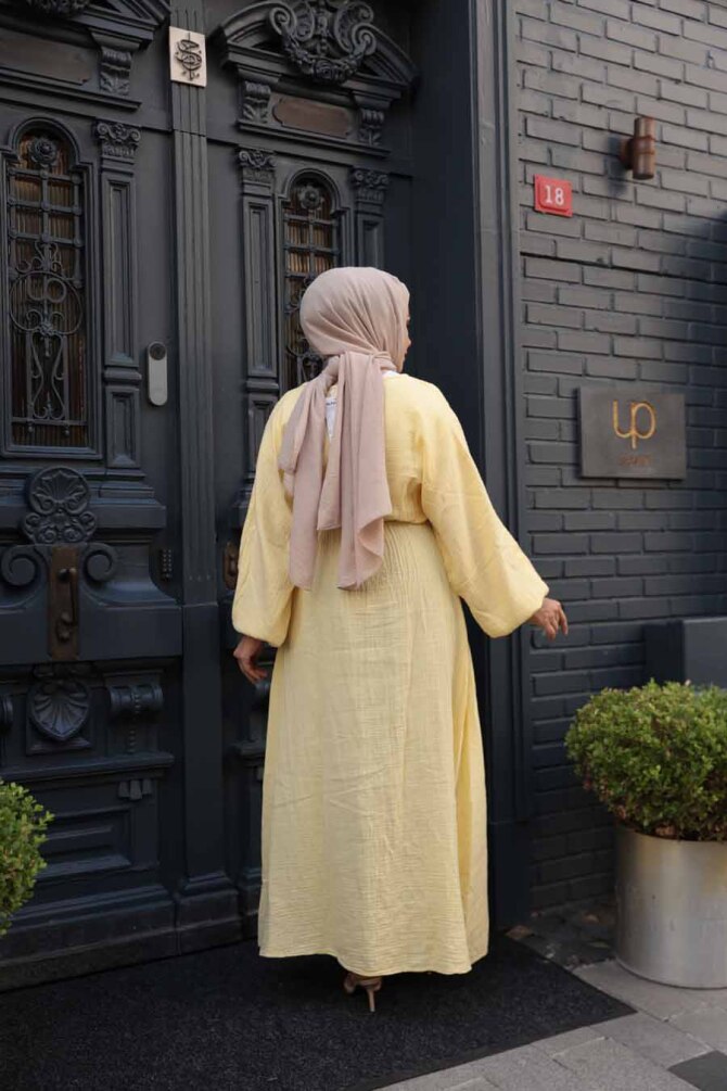 Sarı Tesettür Müslin Elbise 19033SR - 4