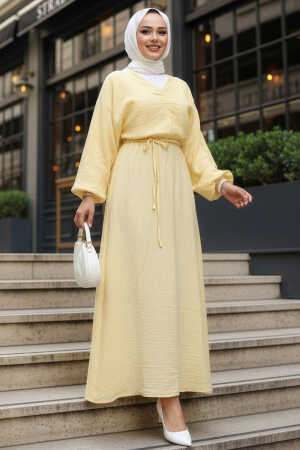 Sarı Tesettür Müslin Elbise 19033SR - 1