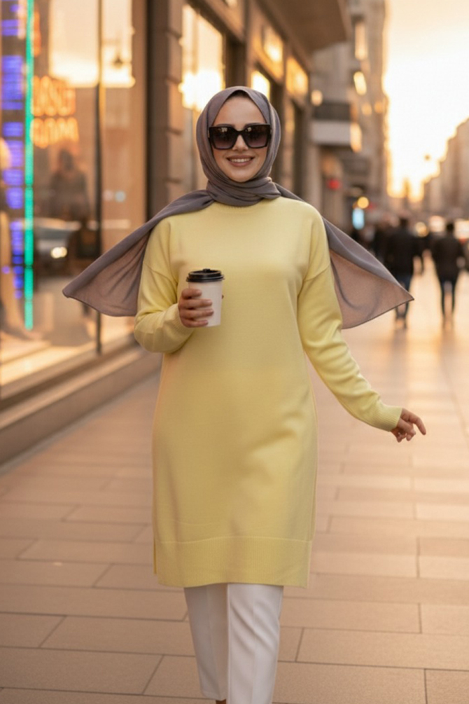Sarı Tesettür Triko Kazak Tunik 17203SR - NEVA STYLE