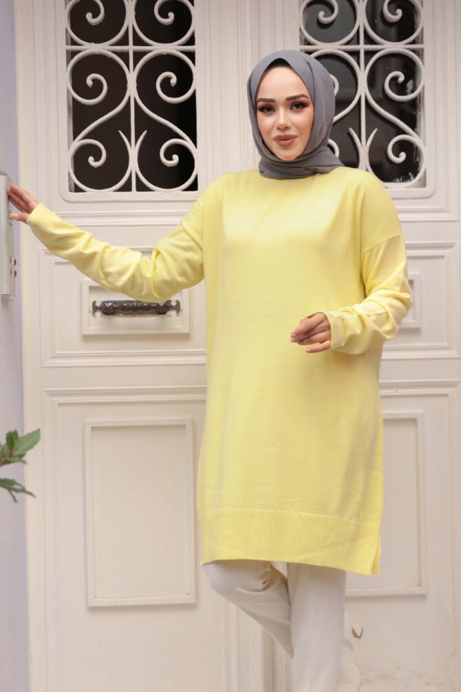 Sarı Tesettür Triko Kazak Tunik 17203SR - 1