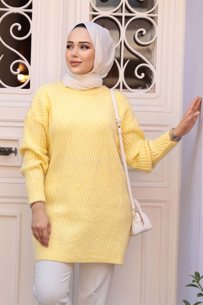 Sarı Tesettür Triko Kazak Tunik 7852SR - 3