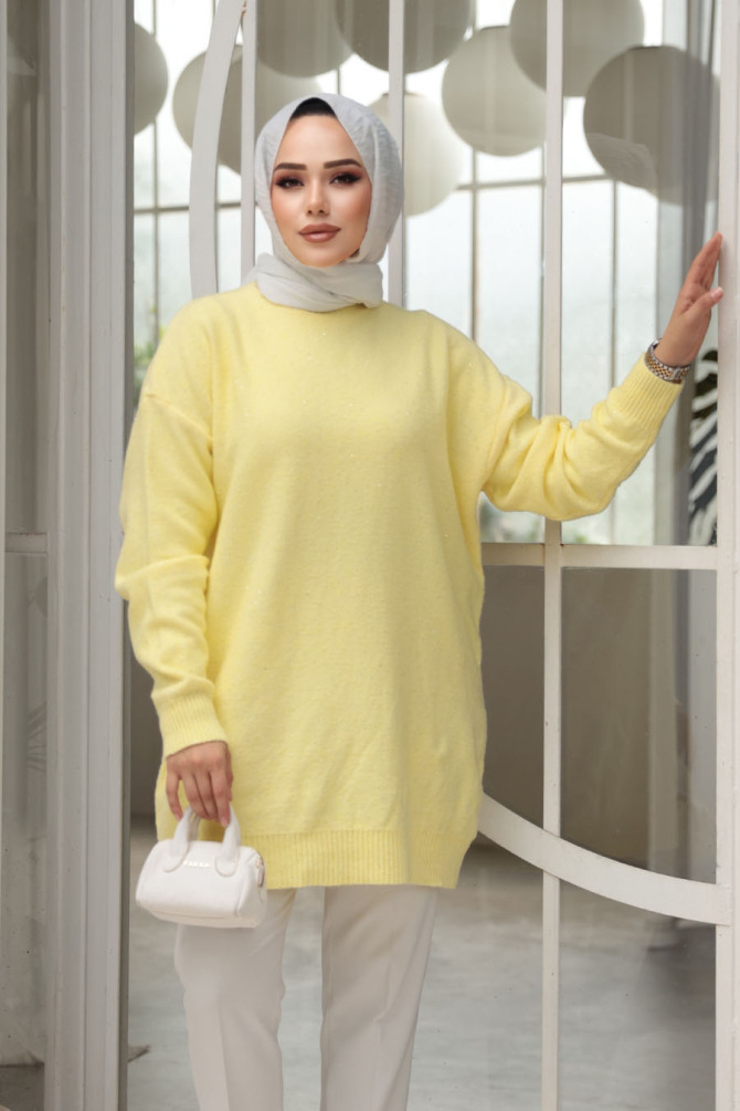 Sarı Tesettür Triko Kazak Tunik 8824SR - 2