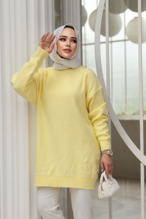 Sarı Tesettür Triko Kazak Tunik 8824SR - 1