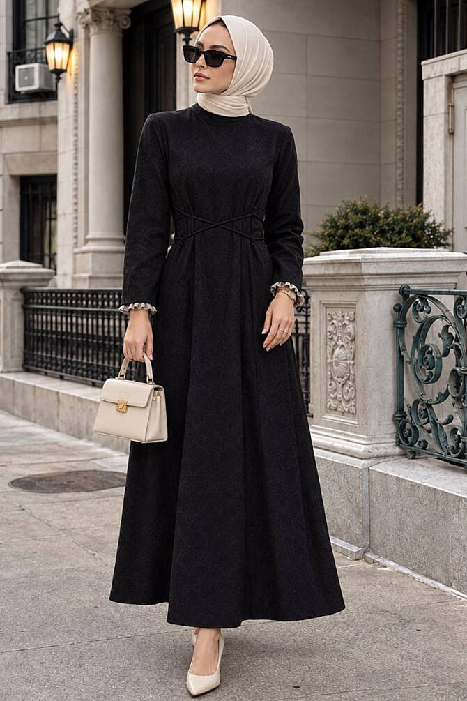 Sash Detailed Black Denim Modest Dress 6289S - 1