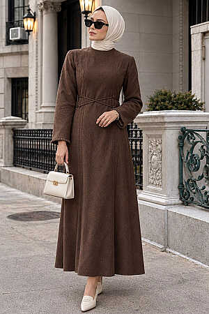Sash Detailed Brown Denim Modest Dress 6289KH 