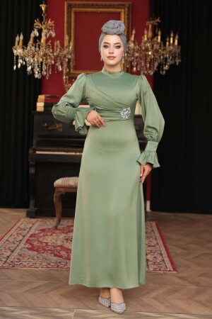 Saten Açık Haki Tesettür Abiye Elbise 62301AHK - 2