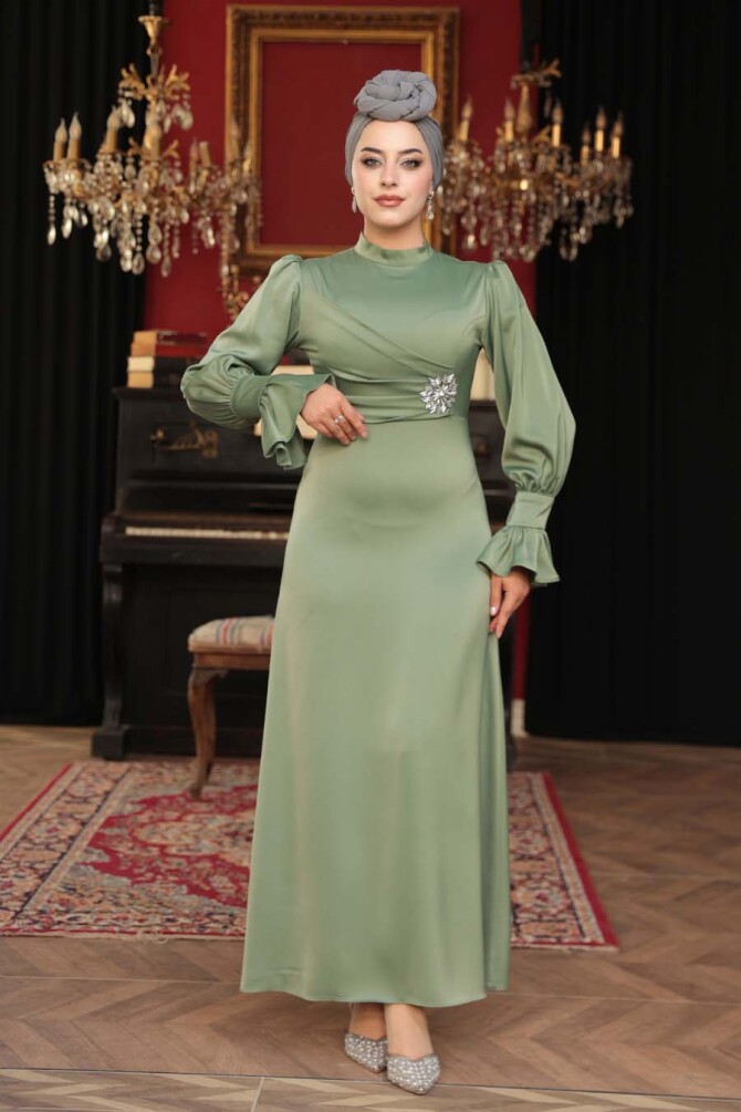 Saten Açık Haki Tesettür Abiye Elbise 62301AHK - 2