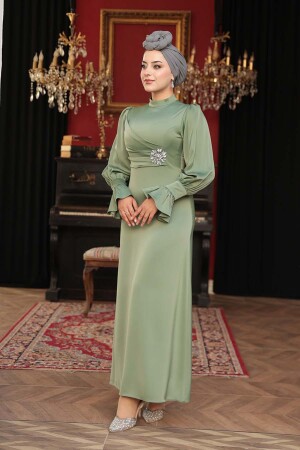 Saten Açık Haki Tesettür Abiye Elbise 62301AHK 