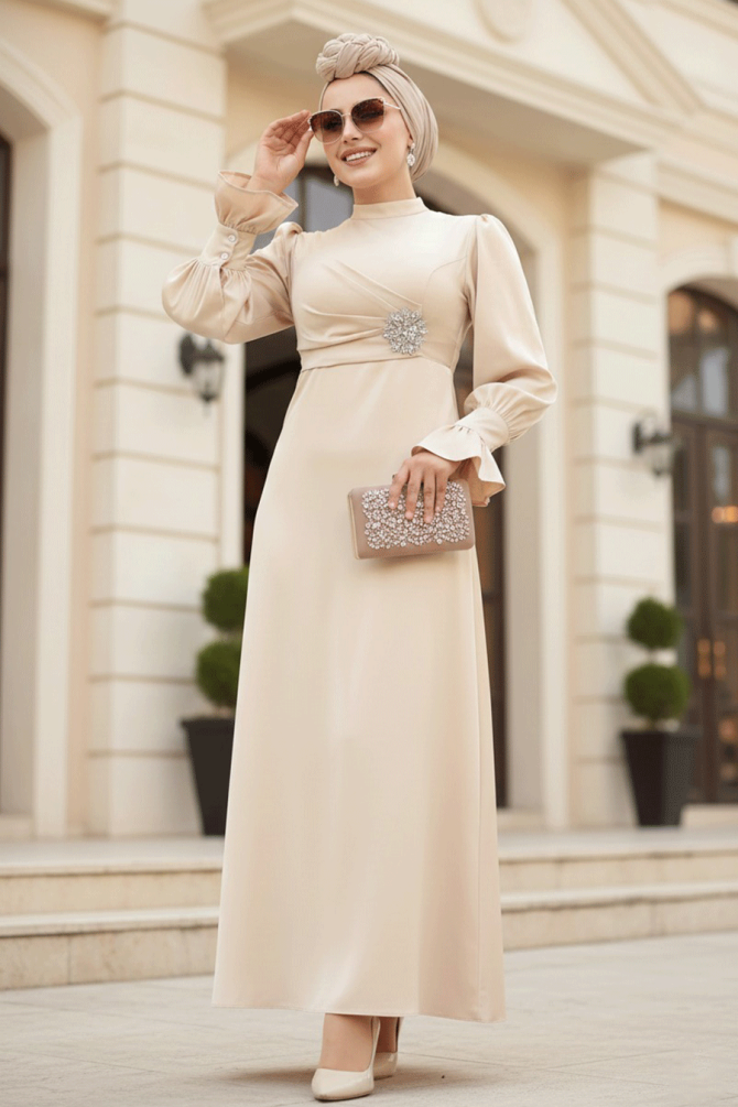  Saten Bej Tesettür Abiye Elbise 62301BEJ - 1