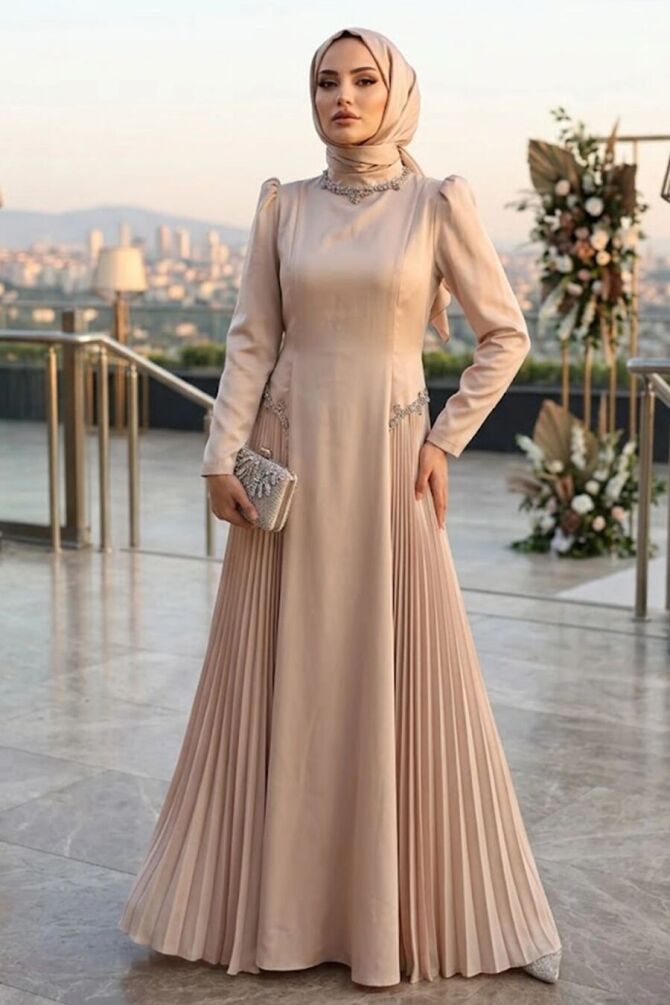 Saten Bej Tesettür Abiye Elbise 80145BEJ - 1