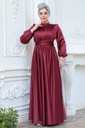 Saten Bordo Tesettür Abiye Elbise 23821BR - 2
