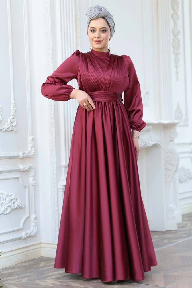 Saten Bordo Tesettür Abiye Elbise 23821BR - 3
