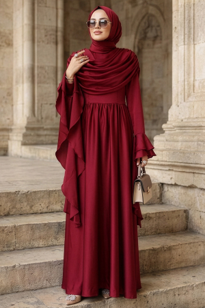  Saten Bordo Tesettür Abiye Elbise 55461BR 