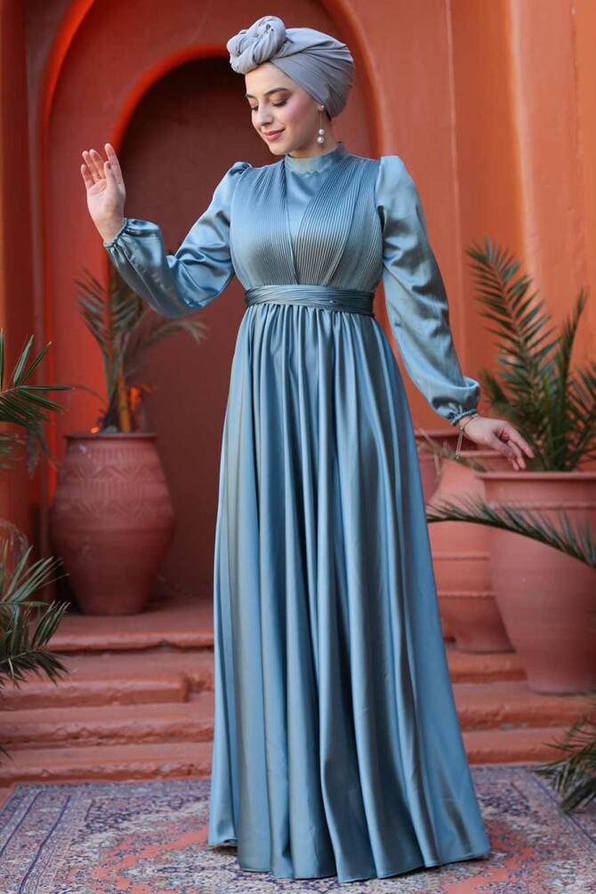  Saten Çağla Yeşili Tesettür Abiye Elbise 23821CY - 3