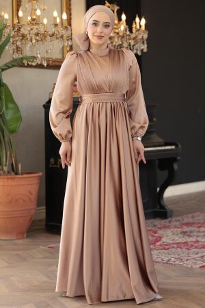 Saten Camel Tesettür Abiye Elbise 23821C - 2