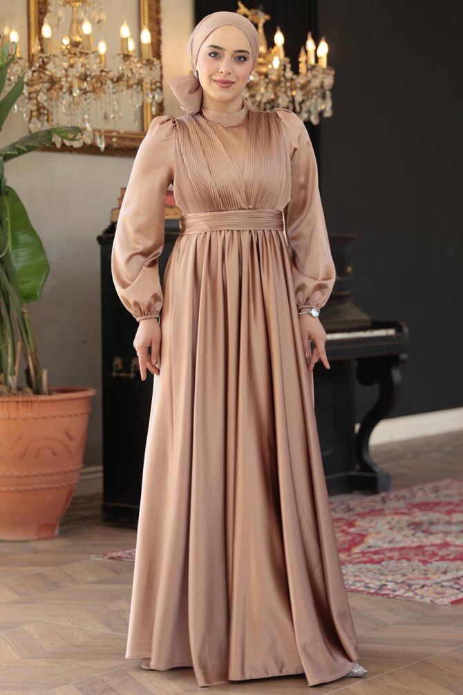 Saten Camel Tesettür Abiye Elbise 23821C - 2