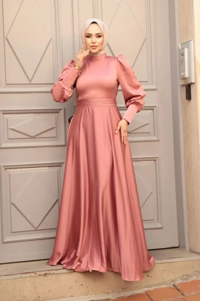 Saten Gül Kurusu Tesettür Abiye Elbise 23242GK - 1
