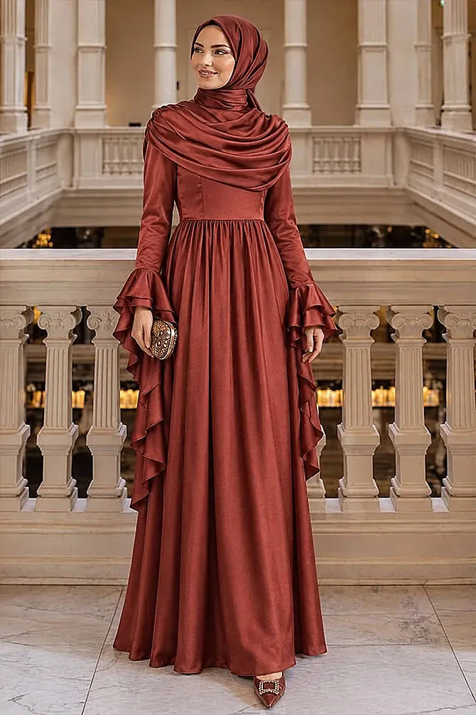 Saten Gül Kurusu Tesettür Abiye Elbise 55461GK - 1