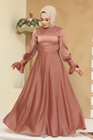 Saten Gül Kurusu Tesettür Abiye Elbise 6197GK 