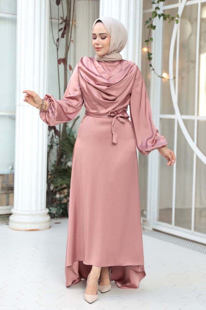  Saten Gül Kurusu Tesettür Abiye Elbise 73412GK - 3
