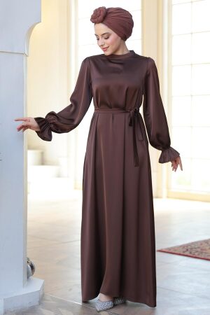 Saten Kahverengi Tesettür Elbise 62132KH - 2