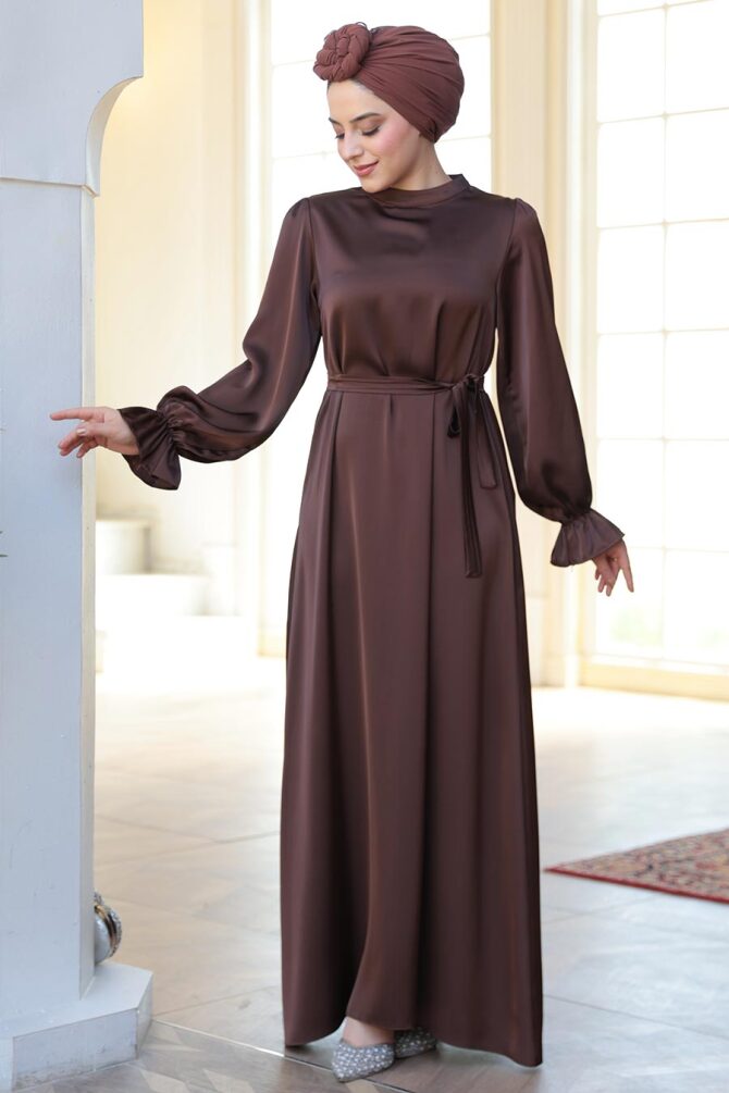Saten Kahverengi Tesettür Elbise 62132KH - 2