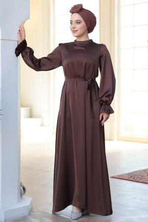 Saten Kahverengi Tesettür Elbise 62132KH - 3