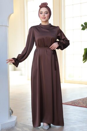 Saten Kahverengi Tesettür Elbise 62132KH - 4