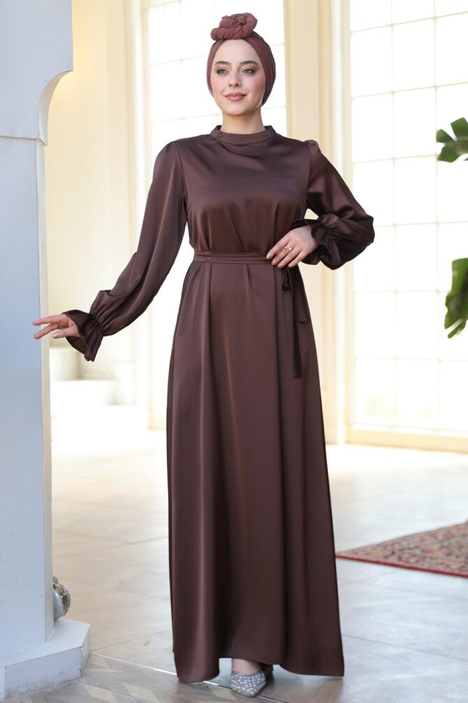 Saten Kahverengi Tesettür Elbise 62132KH - 4