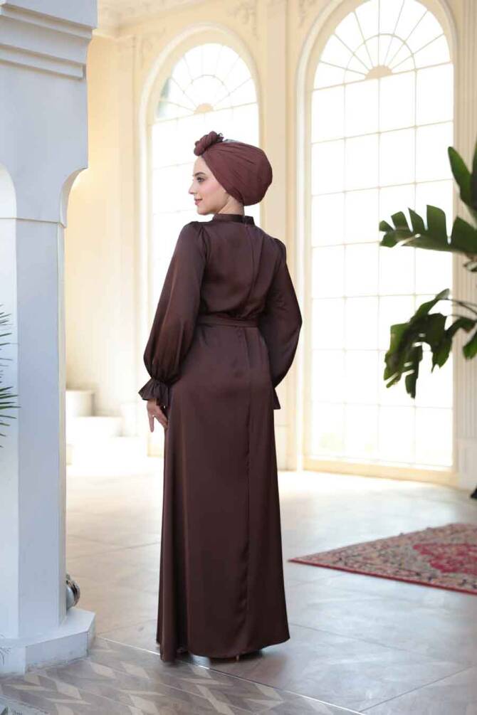 Saten Kahverengi Tesettür Elbise 62132KH - 5