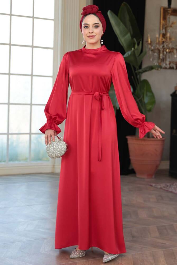 Saten Kırmızı Tesettür Elbise 62132K - 2