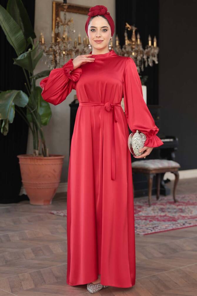 Saten Kırmızı Tesettür Elbise 62132K - 4