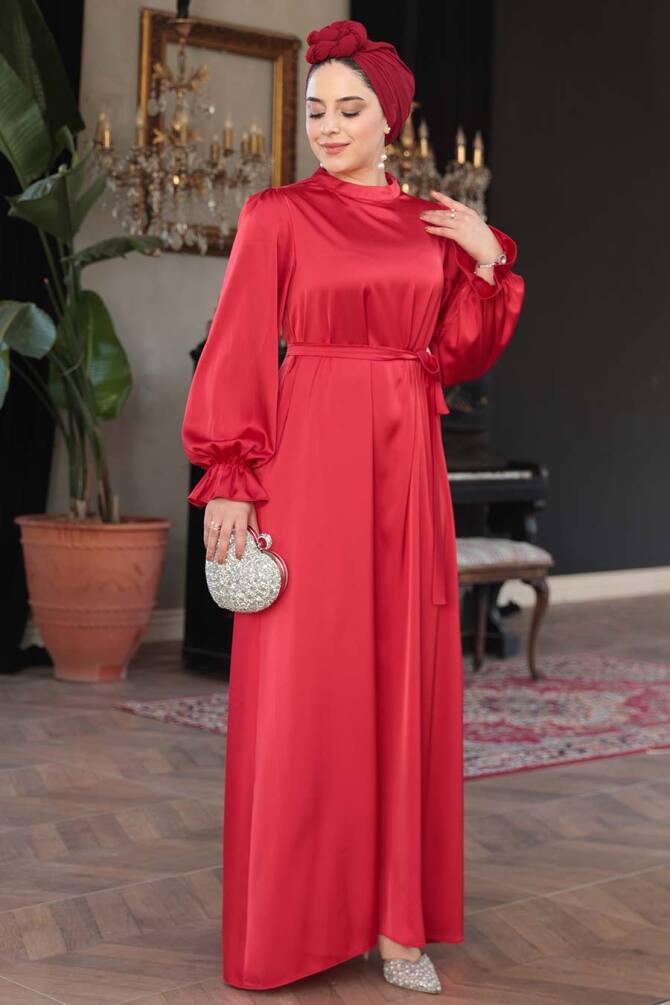 Saten Kırmızı Tesettür Elbise 62132K - 1