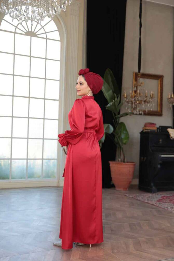 Saten Kırmızı Tesettür Elbise 62132K - 5