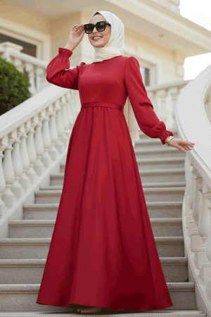 Saten Kırmızı Tesettür Elbise 62132K 