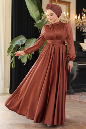 Saten Koyu Taba Tesettür Abiye Elbise 23821KTB - 2