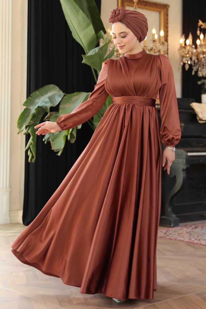 Saten Koyu Taba Tesettür Abiye Elbise 23821KTB - 2