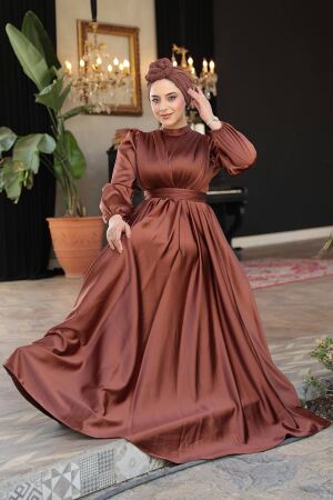Saten Koyu Taba Tesettür Abiye Elbise 23821KTB - 5