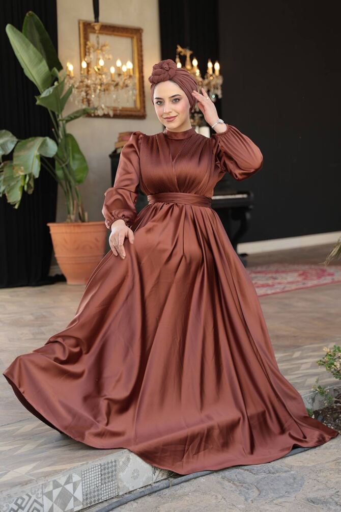 Saten Koyu Taba Tesettür Abiye Elbise 23821KTB - 5