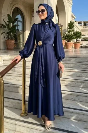 Saten Lacivert Tesettür Abiye Elbise 48961L - 1