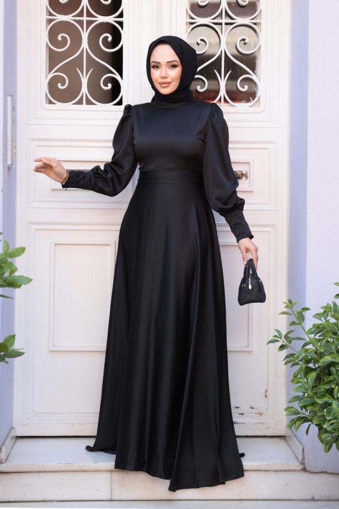 Saten Siyah Tesettür Abiye Elbise 23242S - 2