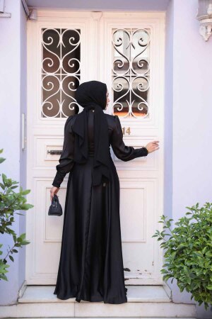 Saten Siyah Tesettür Abiye Elbise 23242S - 4