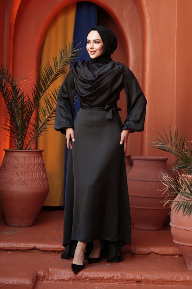 Saten Siyah Tesettür Abiye Elbise 73412S - 3