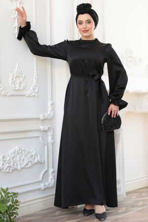 Saten Siyah Tesettür Elbise 62132S 
