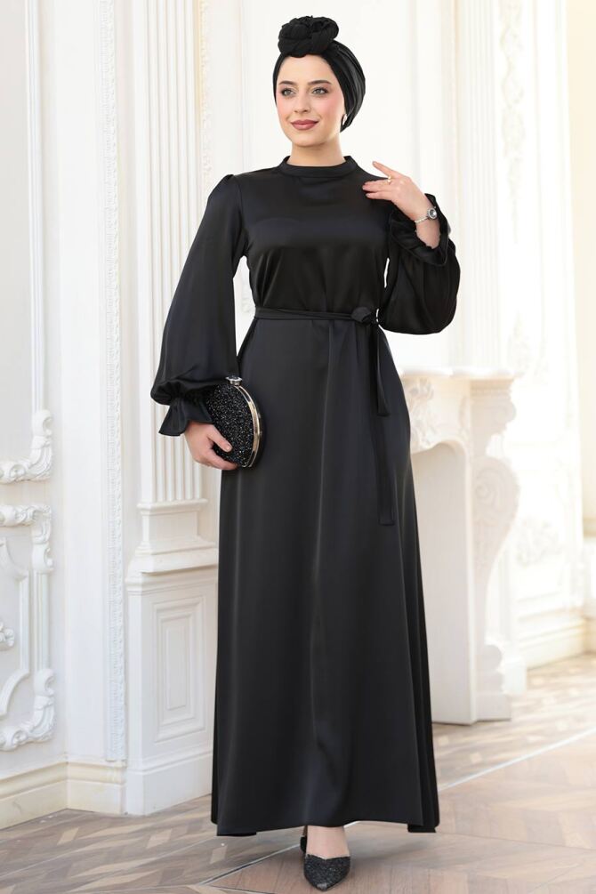 Saten Siyah Tesettür Elbise 62132S - 3
